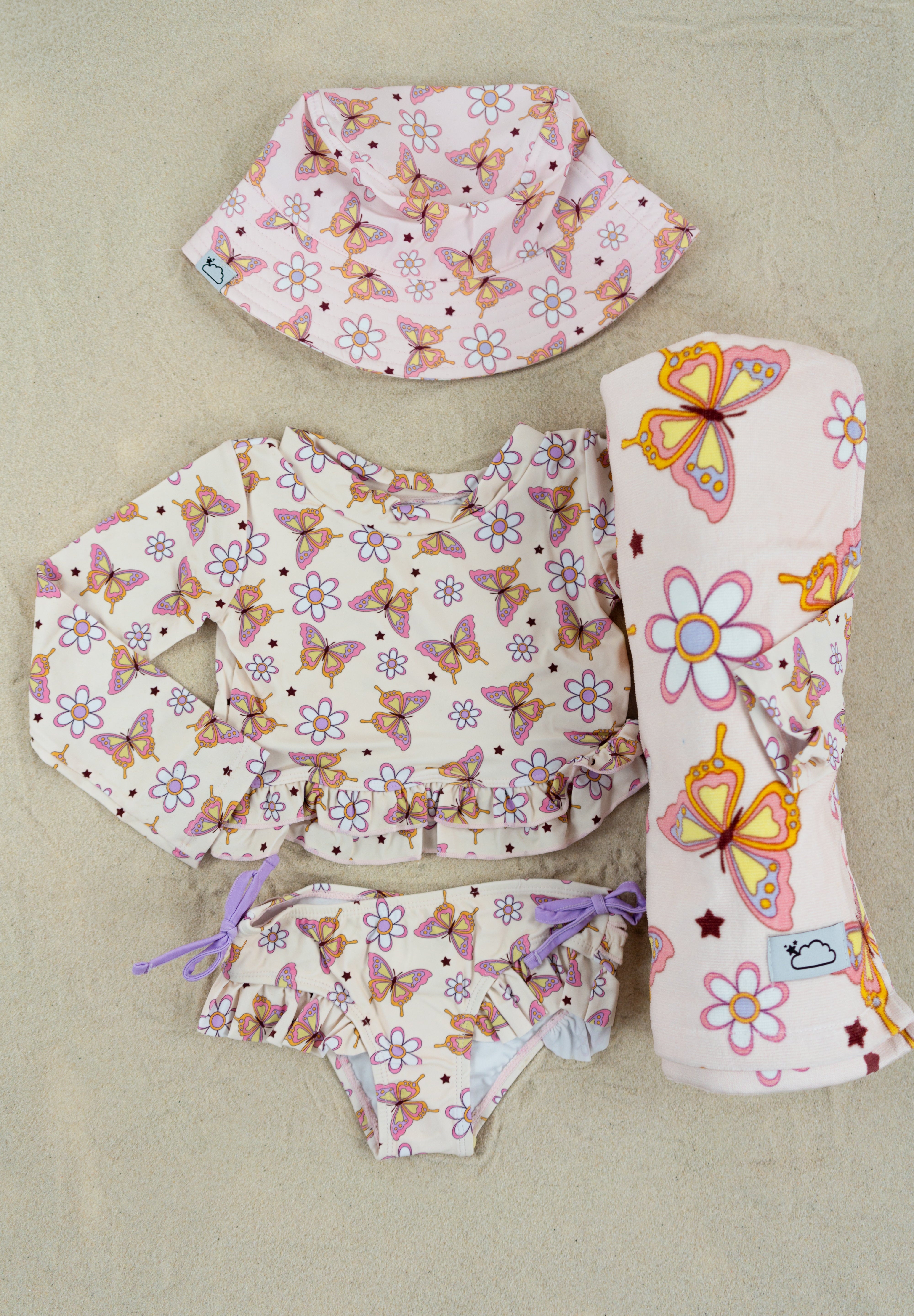 BLOSSOMIN’ BUTTERFLY DREAM 2-PIECE RASH GUARD RUFFLE SWIM SUIT