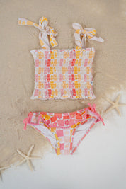 SUMMER SUNSET CHECKERS DREAM SMOCKED TANKINI TWO PIECE SWIM SUIT