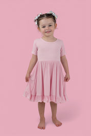 PINK ROSE RIB RUFFLE DRESS