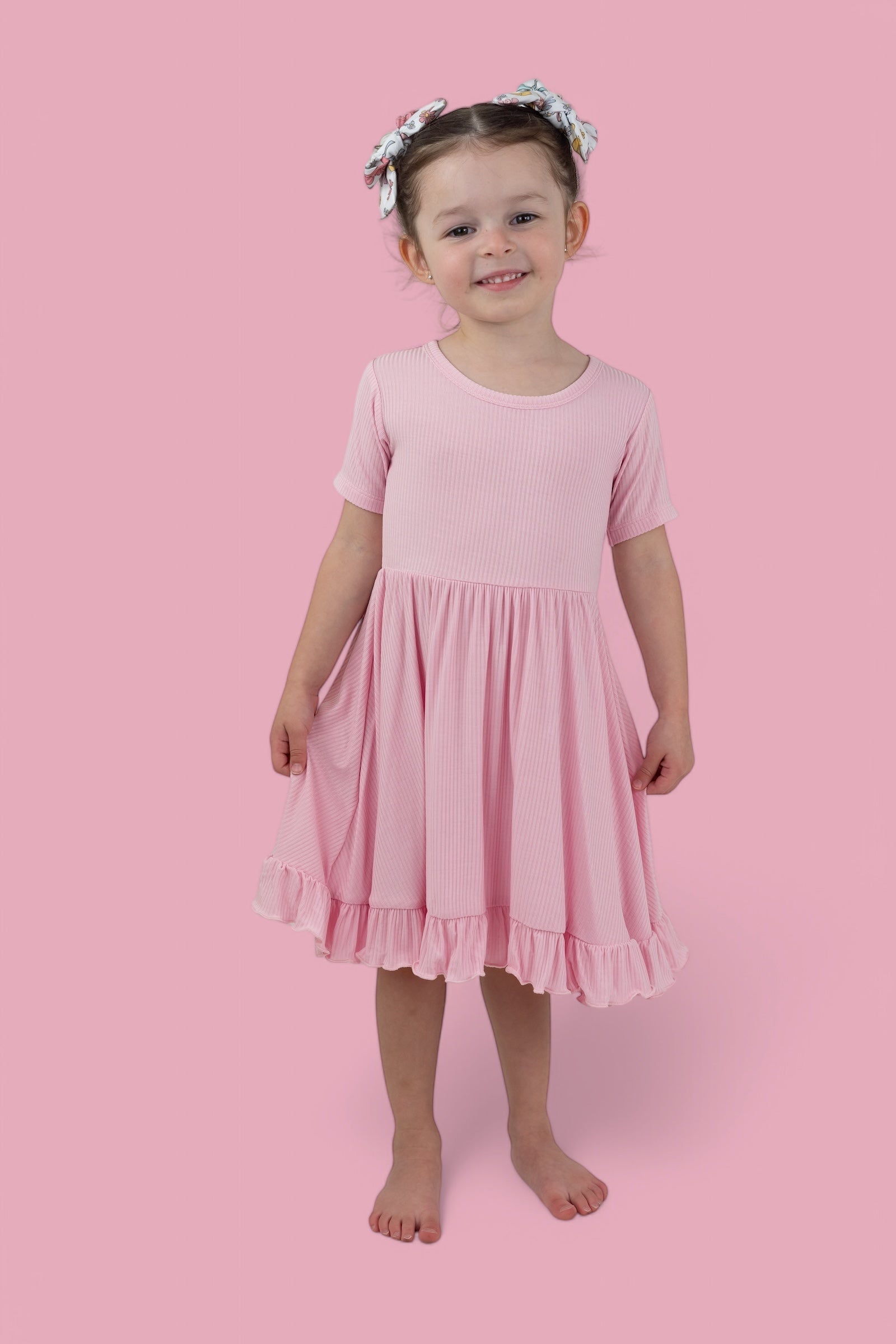 PINK ROSE RIB RUFFLE DRESS