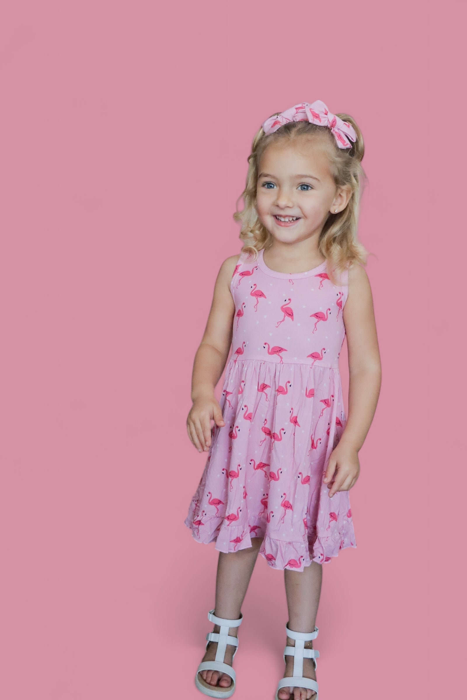 FLOCKING FLAMINGOS SLEEVELESS DREAM RUFFLE DRESS