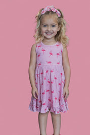 FLOCKING FLAMINGOS SLEEVELESS DREAM RUFFLE DRESS