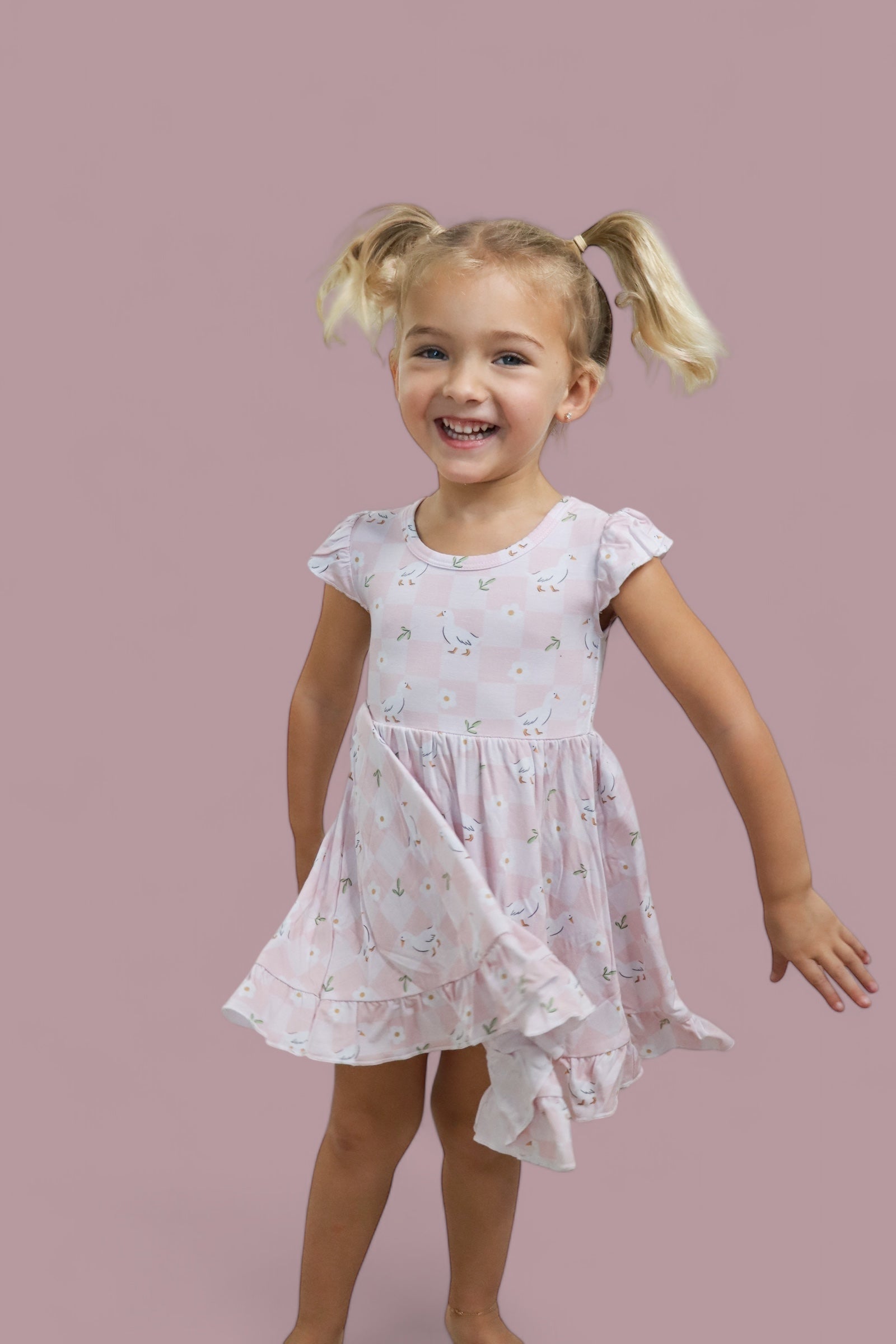 EXCLUSIVE DUCKS AND DAISIES DREAM CAP SLEEVE RUFFLE DRESS