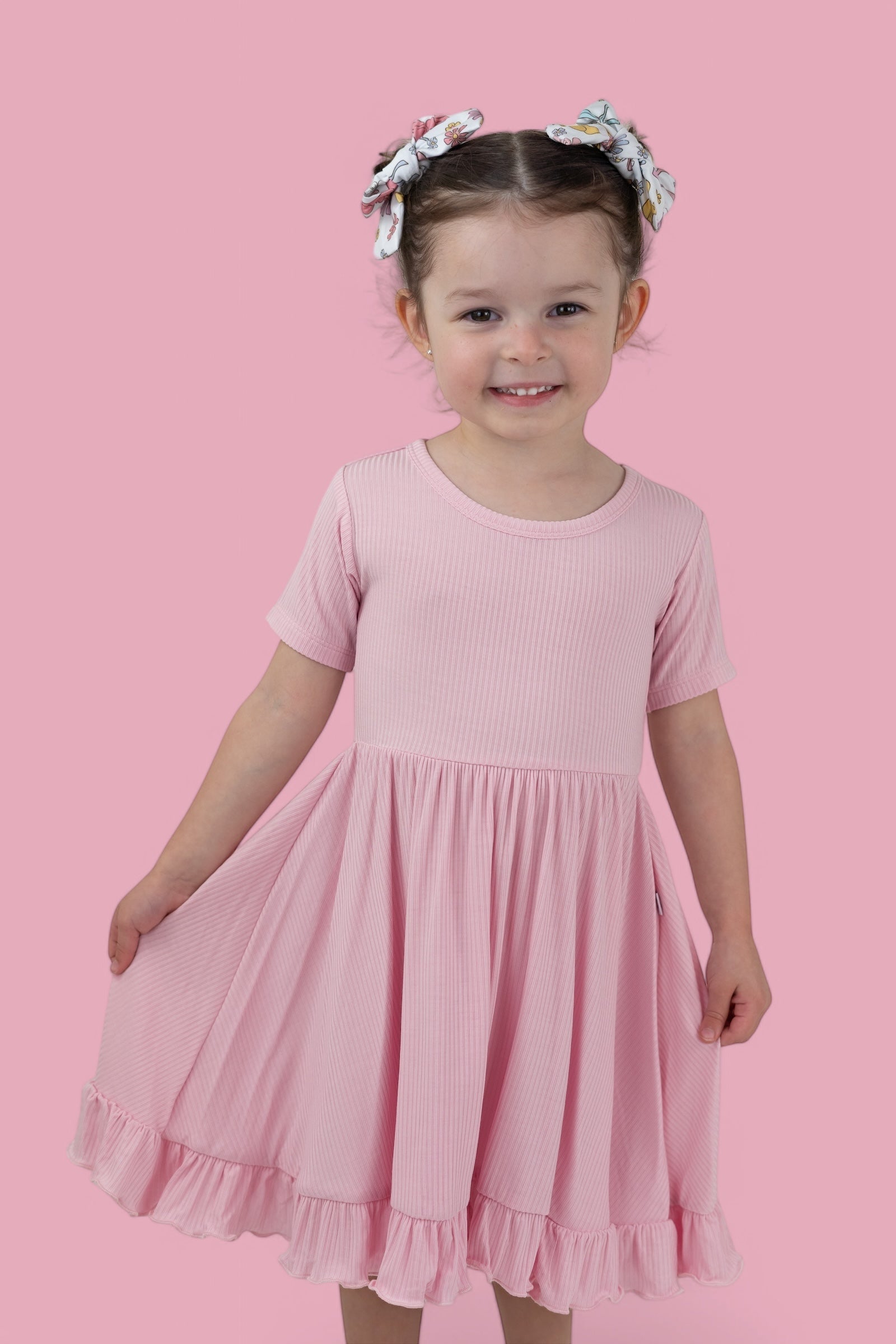 PINK ROSE RIB RUFFLE DRESS