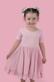 PINK ROSE RIB RUFFLE DRESS