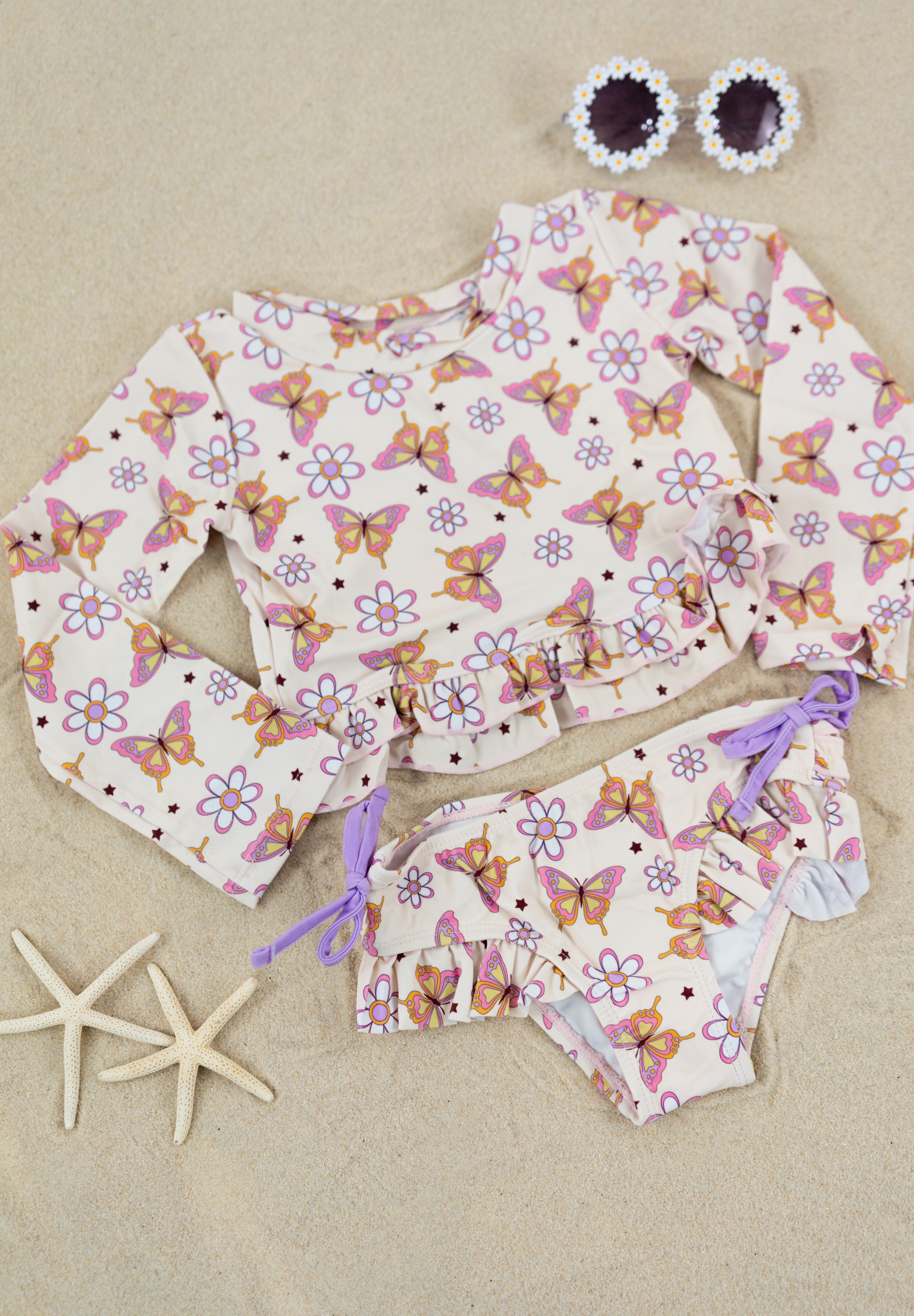 BLOSSOMIN’ BUTTERFLY DREAM 2-PIECE RASH GUARD RUFFLE SWIM SUIT