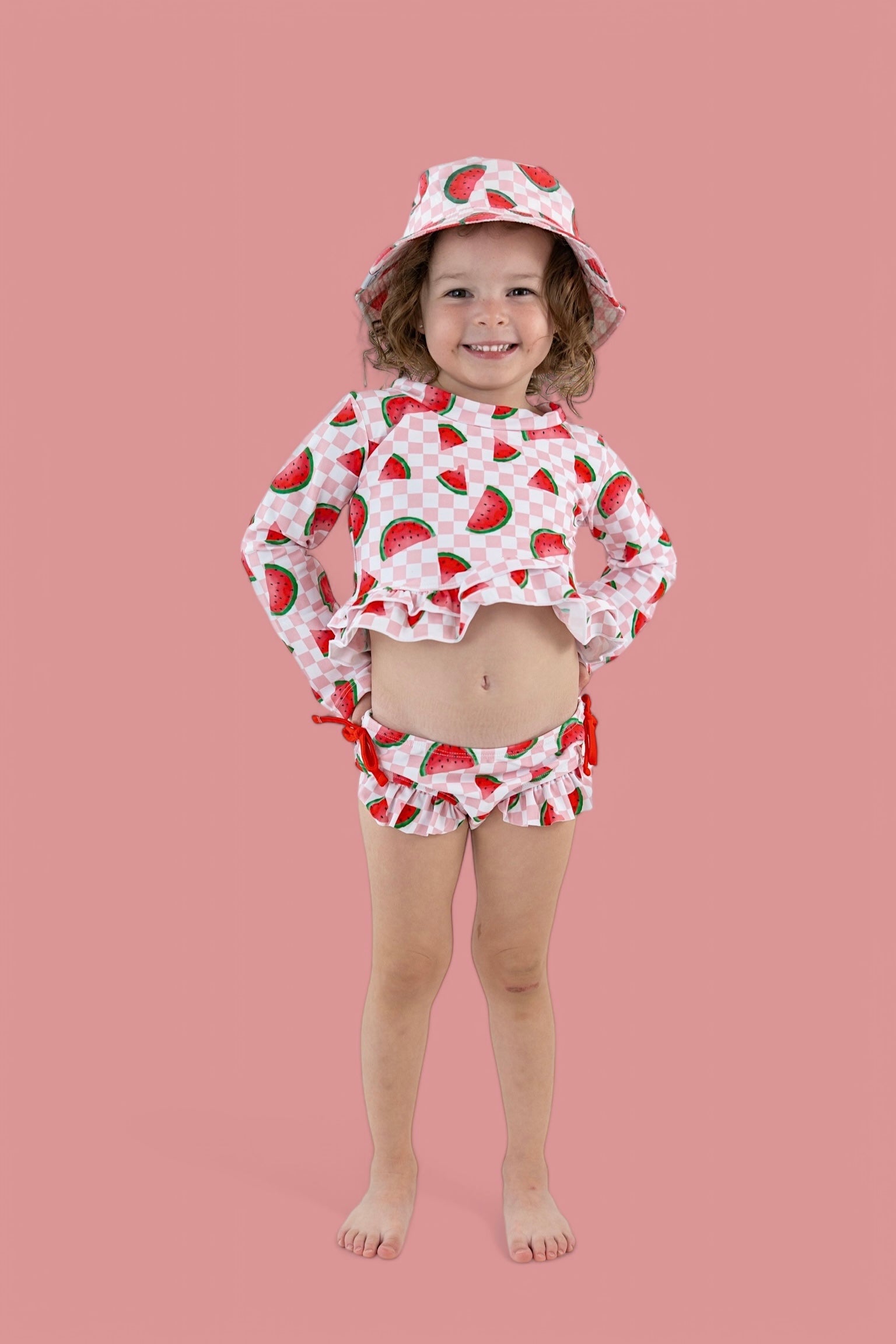 ONE IN A MELON DREAM TWO PIECE RASH GUARD RUFFLE SWIM SUIT