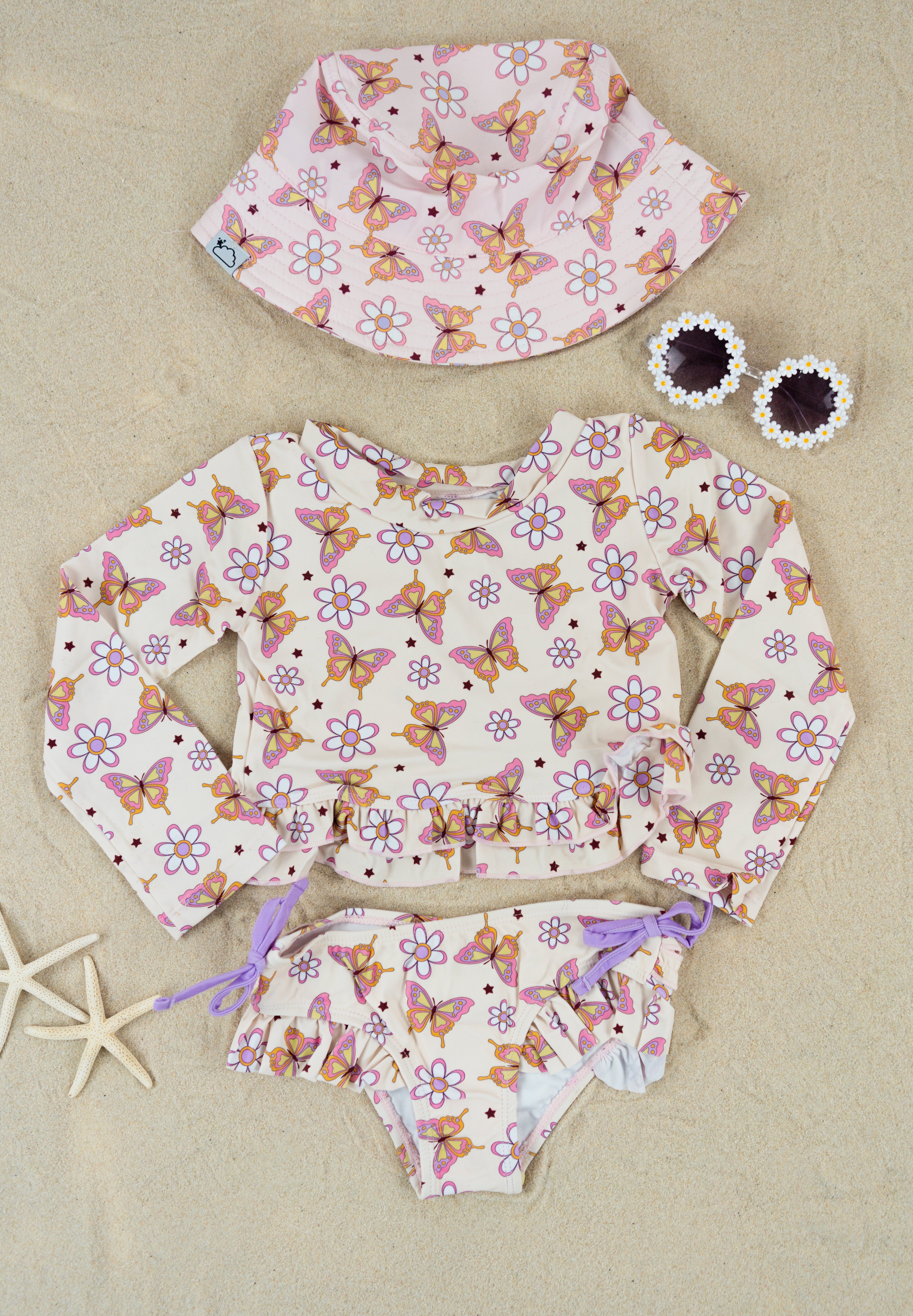 BLOSSOMIN’ BUTTERFLY DREAM 2-PIECE RASH GUARD RUFFLE SWIM SUIT