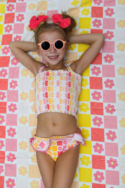 SUMMER SUNSET CHECKERS DREAM SMOCKED TANKINI TWO PIECE SWIM SUIT