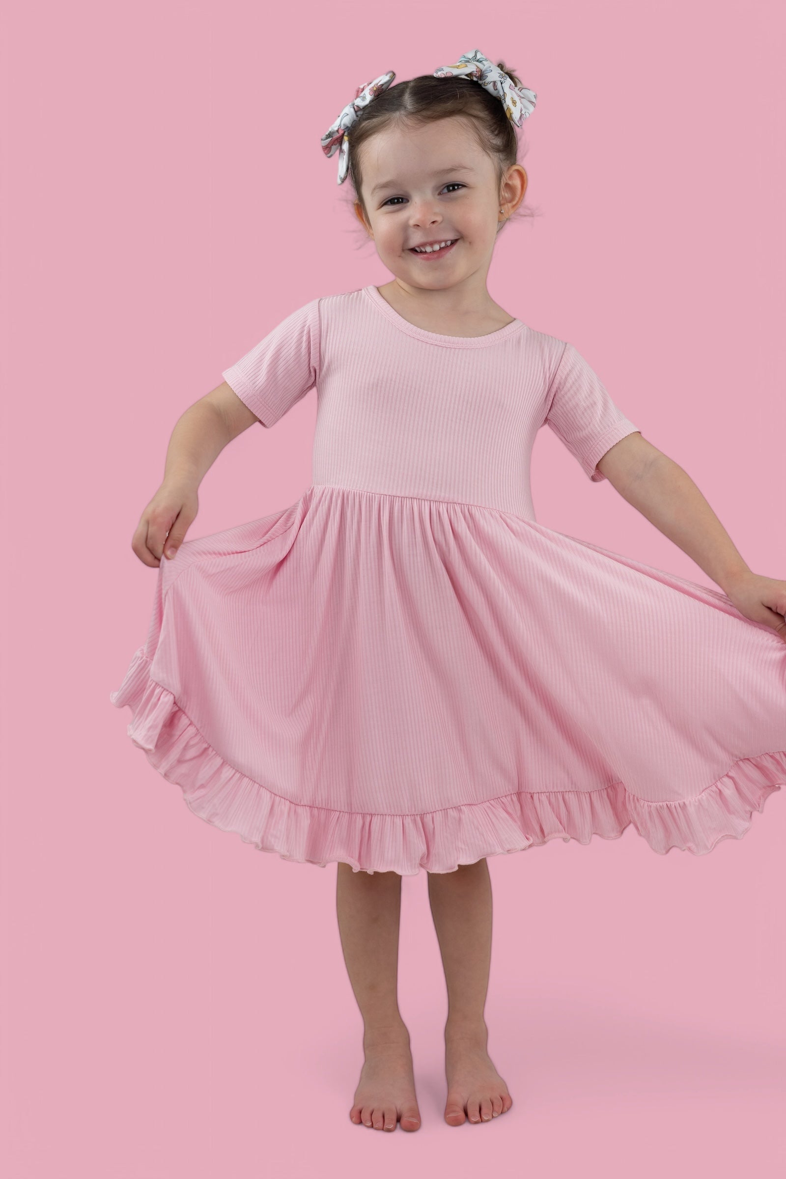 PINK ROSE RIB RUFFLE DRESS