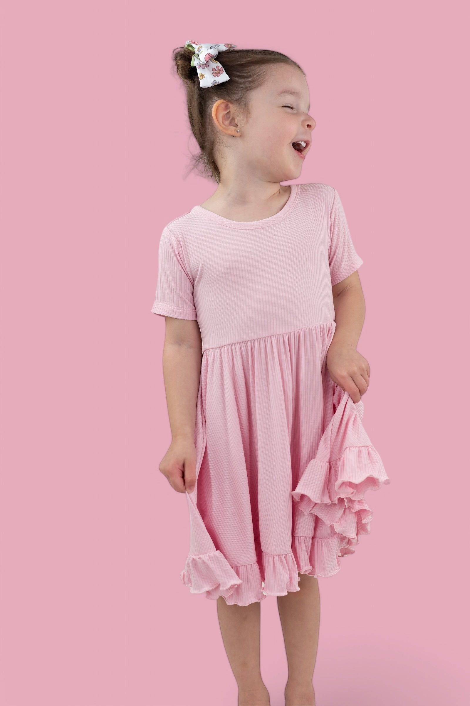 PINK ROSE RIB RUFFLE DRESS
