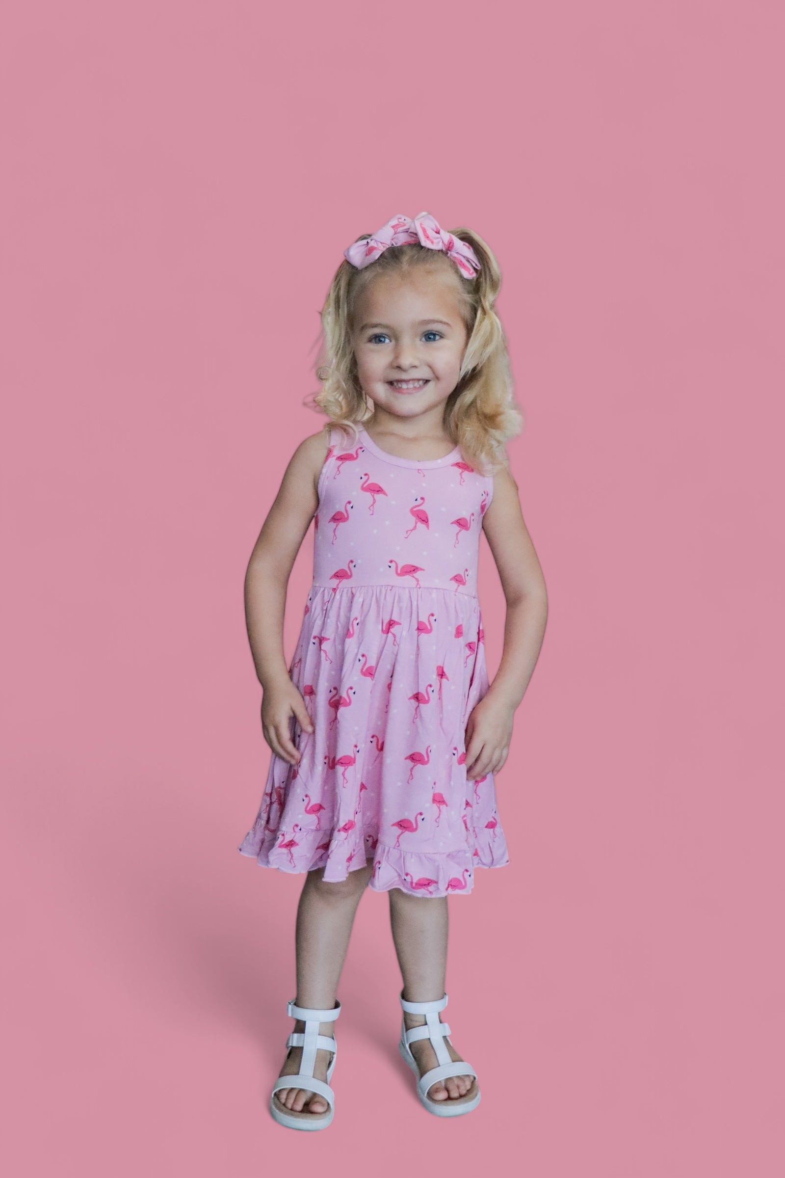 FLOCKING FLAMINGOS SLEEVELESS DREAM RUFFLE DRESS