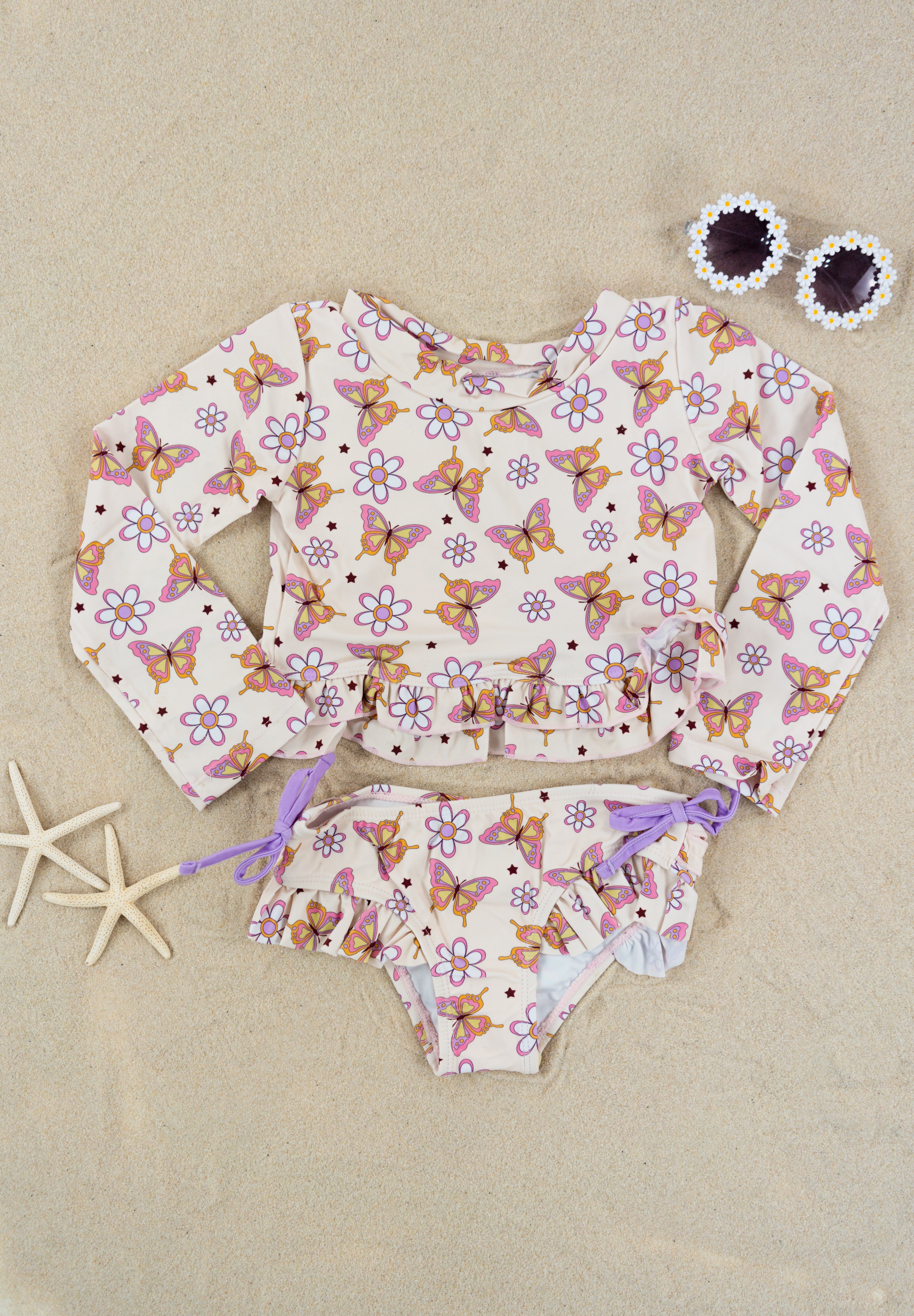 BLOSSOMIN’ BUTTERFLY DREAM 2-PIECE RASH GUARD RUFFLE SWIM SUIT