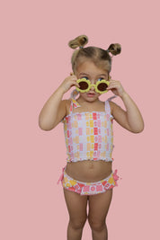 SUMMER SUNSET CHECKERS DREAM SMOCKED TANKINI TWO PIECE SWIM SUIT