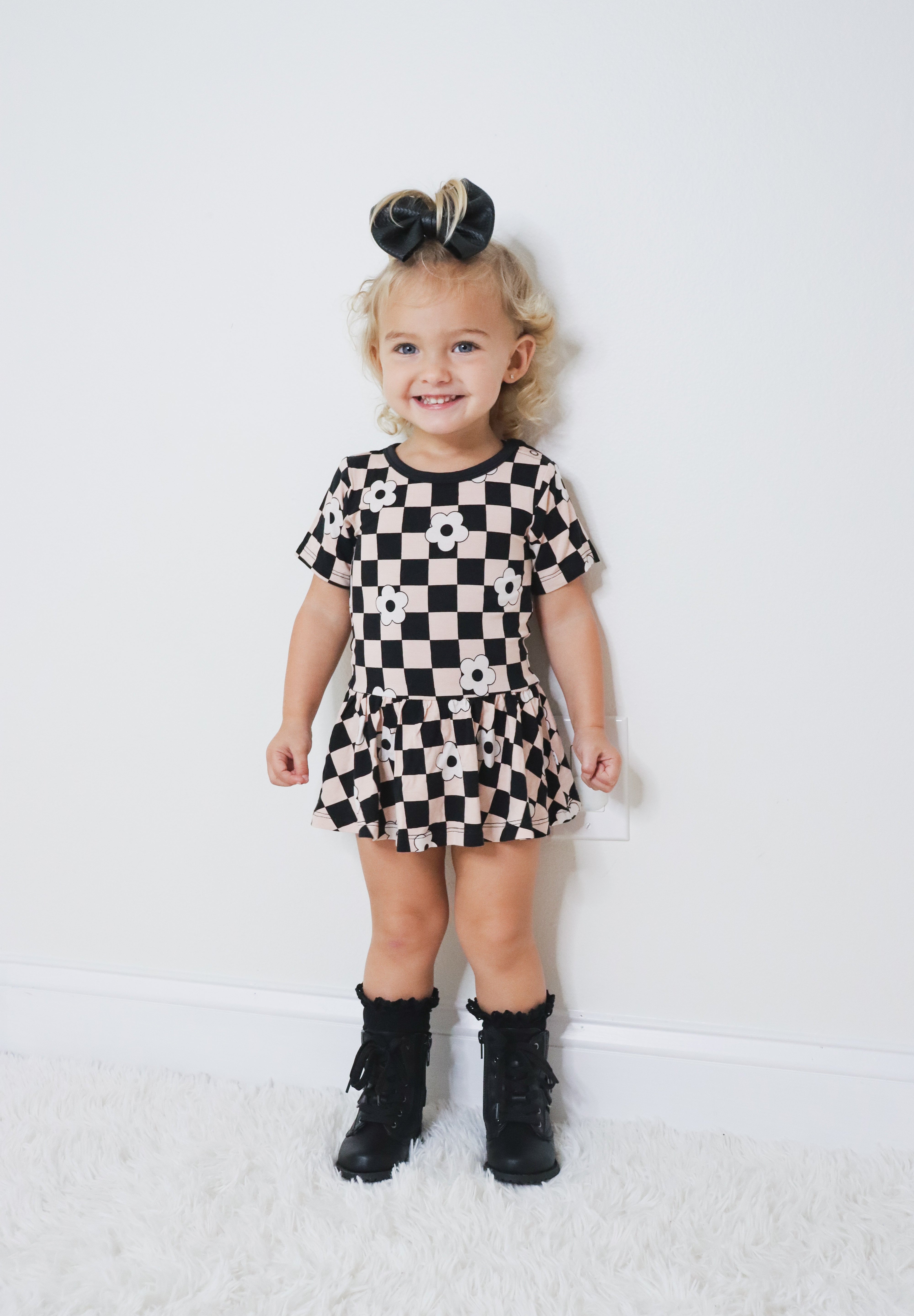 RETRO DAISY CHECKS SHORT SLEEVE DREAM BODYSUIT DRESS