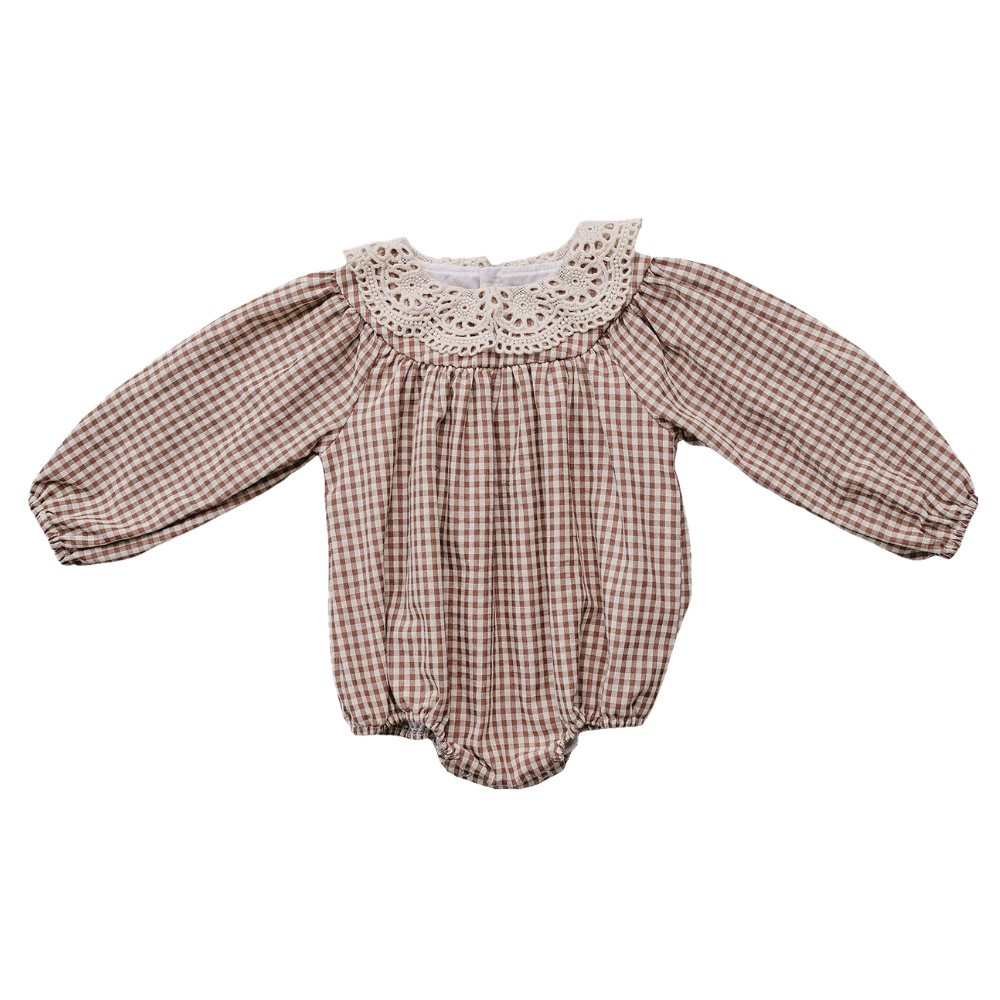 Camel Gingham Lace Bubble Romper