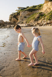 Light Blue Gingham Swim Shorts