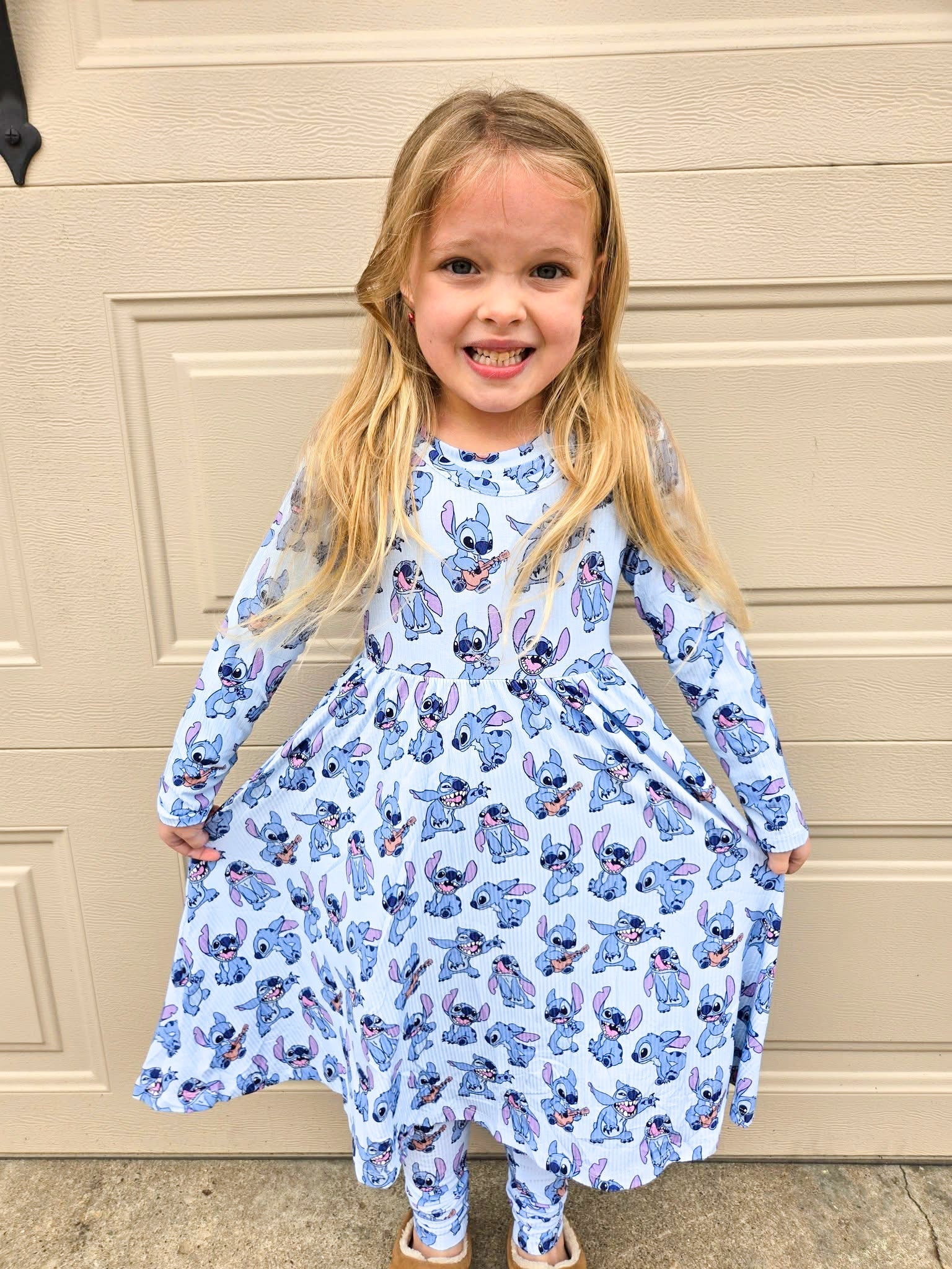 Blue Mischief (Ribbed):Long Sleeve Skater Dress