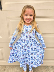 Blue Mischief (Ribbed):Long Sleeve Skater Dress