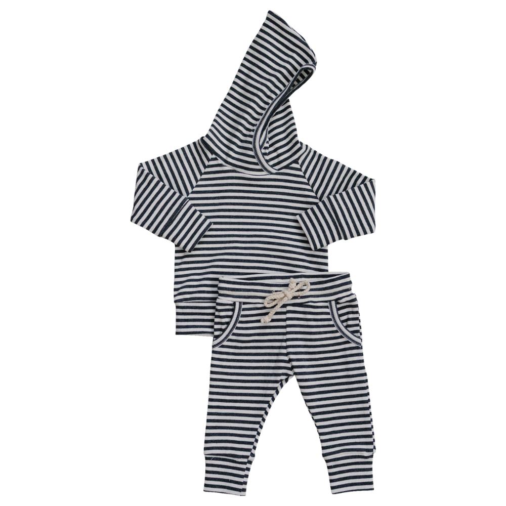 Charcoal Stripe Ribbed Hooded Set