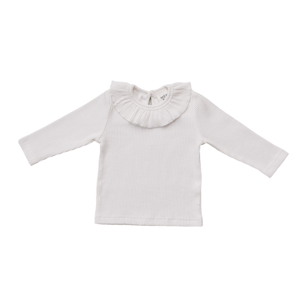 White Ribbed Ruffle Long Sleeve Top