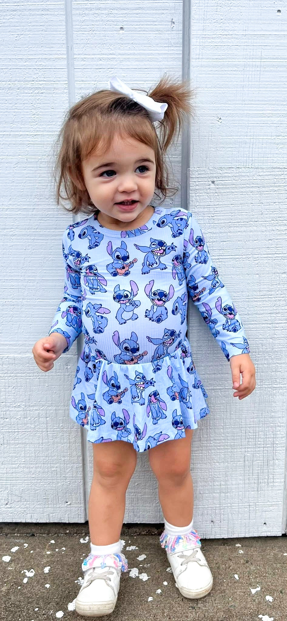 Blue Mischief (Ribbed): Long Sleeve Bodysuit Twirl Dress