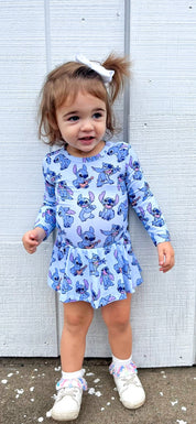 Blue Mischief (Ribbed): Long Sleeve Bodysuit Twirl Dress