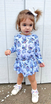Blue Mischief (Ribbed): Long Sleeve Bodysuit Twirl Dress