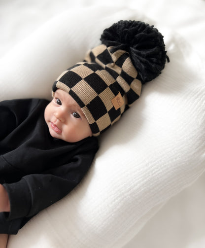 The Newborn Beanie — Black + Mocha Checkered