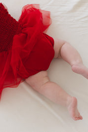 Crimson - Smocked Tulle Bodysuit Dress