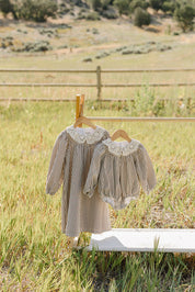 Camel Gingham Lace Bubble Romper
