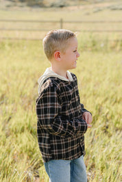Dark Plaid Hooded Button Up Shirt