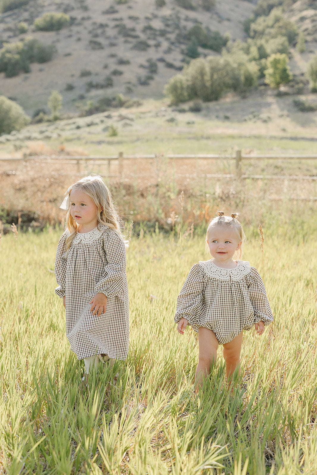Camel Gingham Lace Bubble Romper