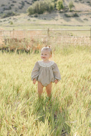 Camel Gingham Lace Bubble Romper