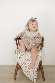 Camel Gingham Lace Bubble Romper