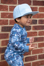 Bamboo Zip Romper | Blue Camo Bolts