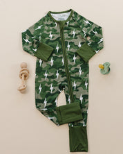 Bamboo Zip Romper | Green Camo Bolts
