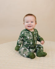 Bamboo Zip Romper | Green Camo Bolts