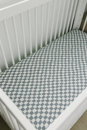 Dusty Blue Wavy Checkered Muslin Crib Sheet