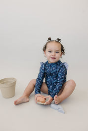 Navy Berry Long Sleeve Ruffle Zipper One-Piece