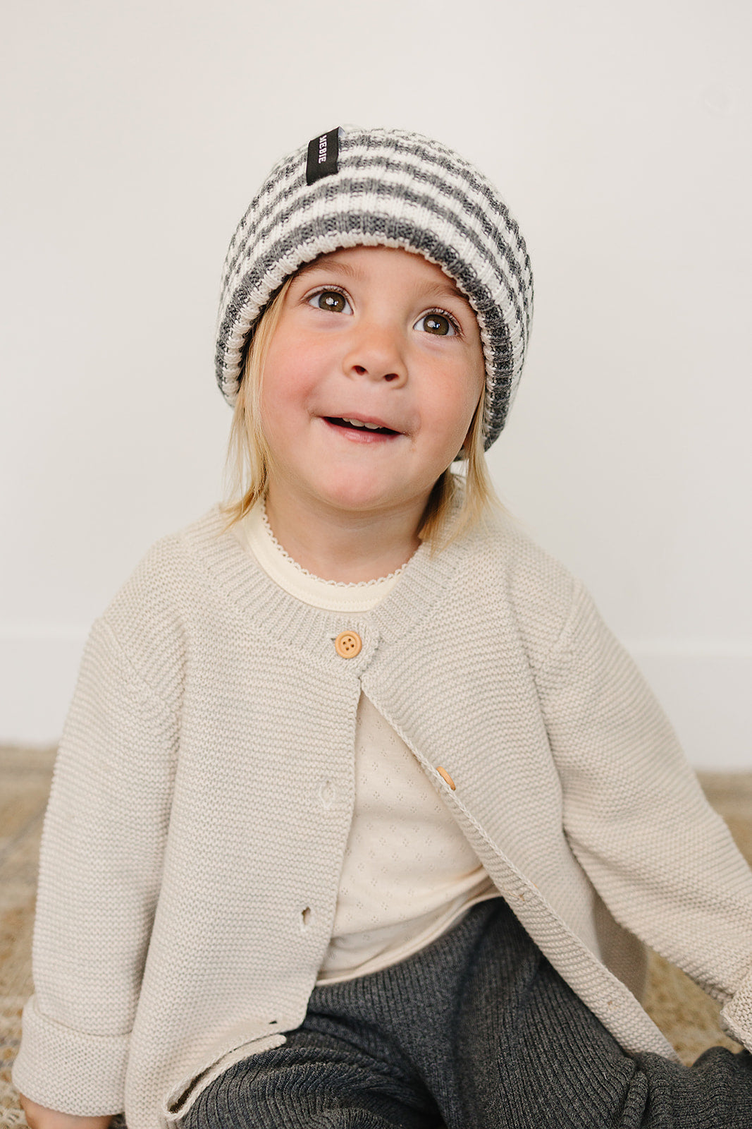Grey & White Stripe Chunky Knit Beanie