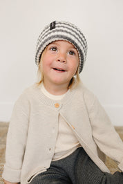 Grey & White Stripe Chunky Knit Beanie